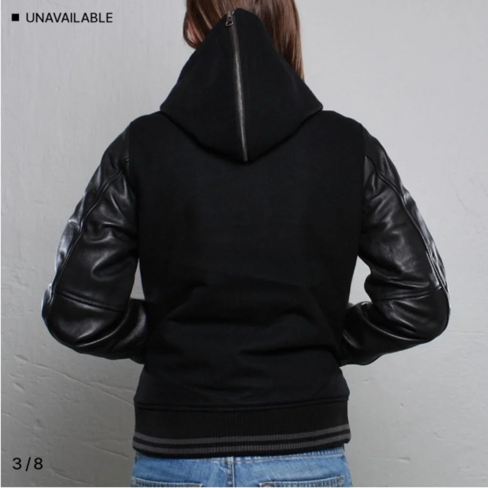 Nike NSW Black Leather Wool Hooded Destroyer Varsity Bomber Jacket S Letterman